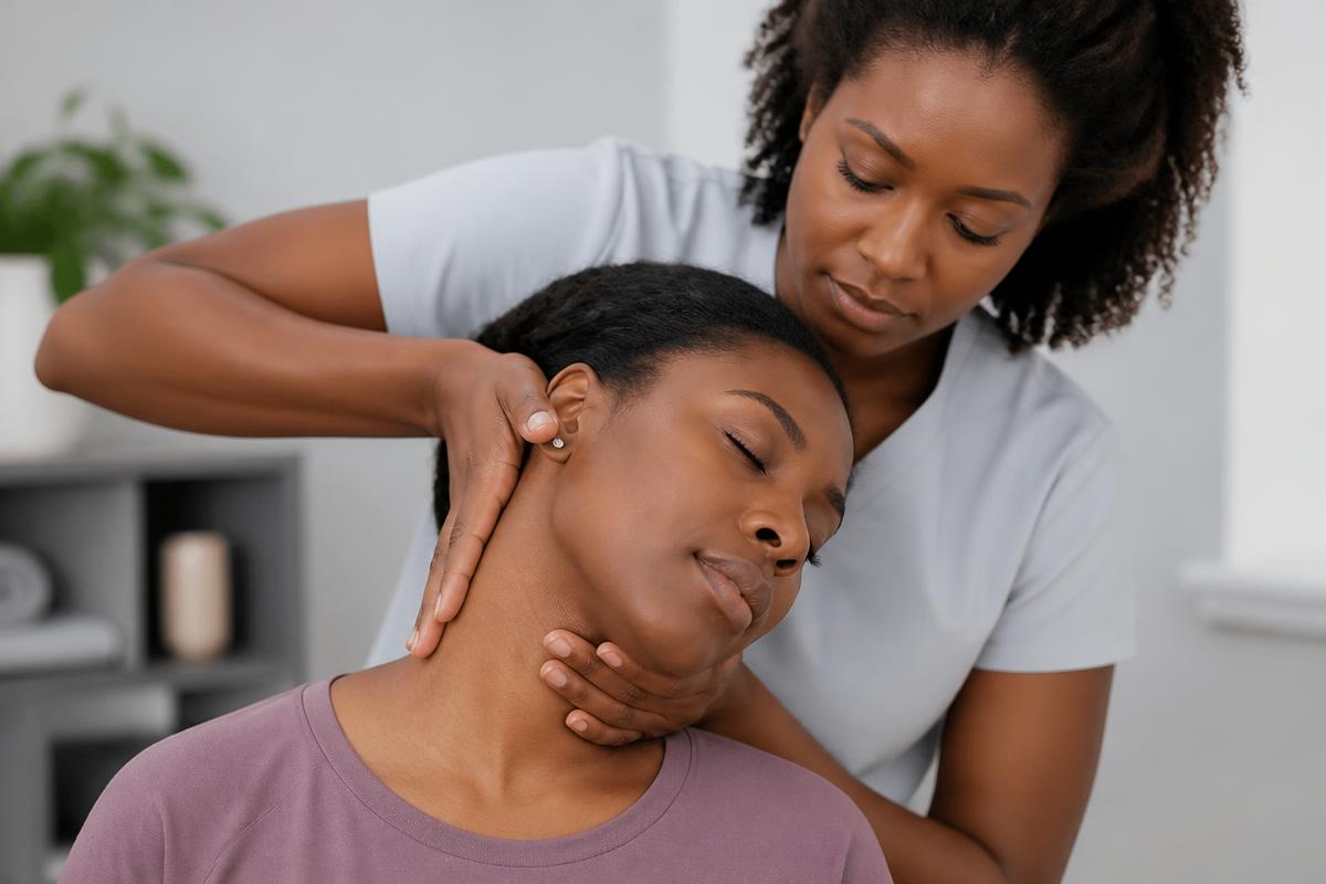 Chiropractor performing a gentle, controlled cervical adjustment on a seated patient
