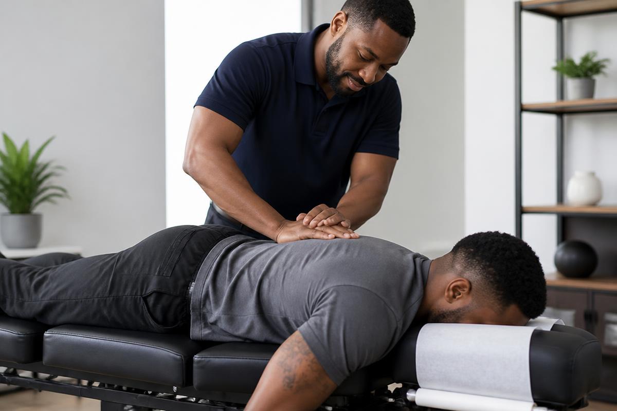 Chiropractor performing a gentle spinal adjustment on a patient lying prone on a chiropractic table