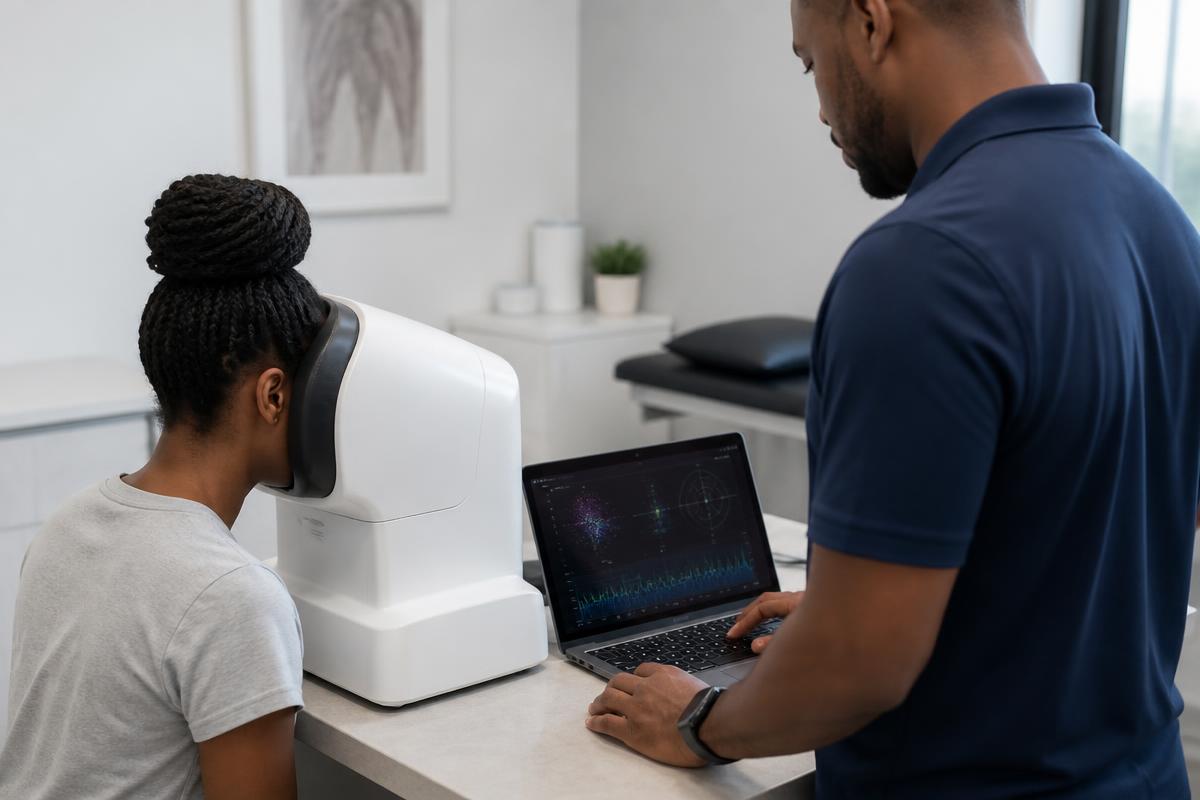 Patient undergoing eye-tracking concussion screening while a clinician reviews eye-movement data in an Atlanta clinic