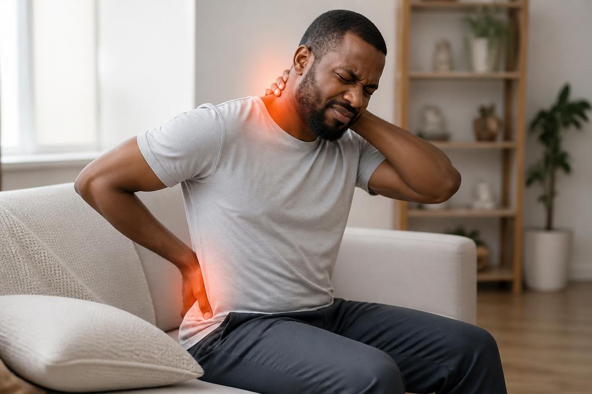 Man at home days after a car accident holding his stiff neck and lower back with highlighted areas of delayed pain