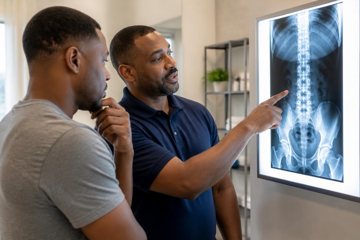 Chiropractor reviewing a lumbar spine X-ray on a lightbox with a patient in an Atlanta clinic