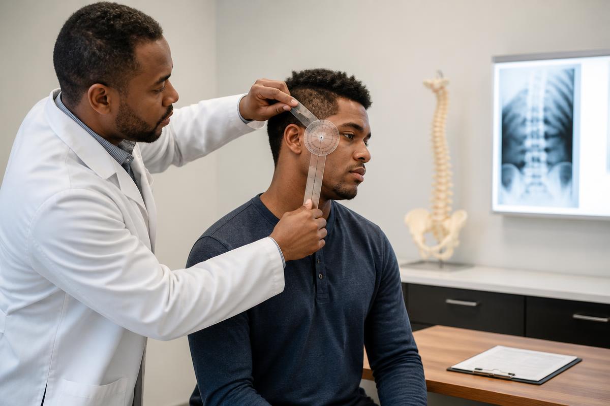 Chiropractor measuring a seated patient's cervical range of motion with an inclinometer during a documented disability evaluation