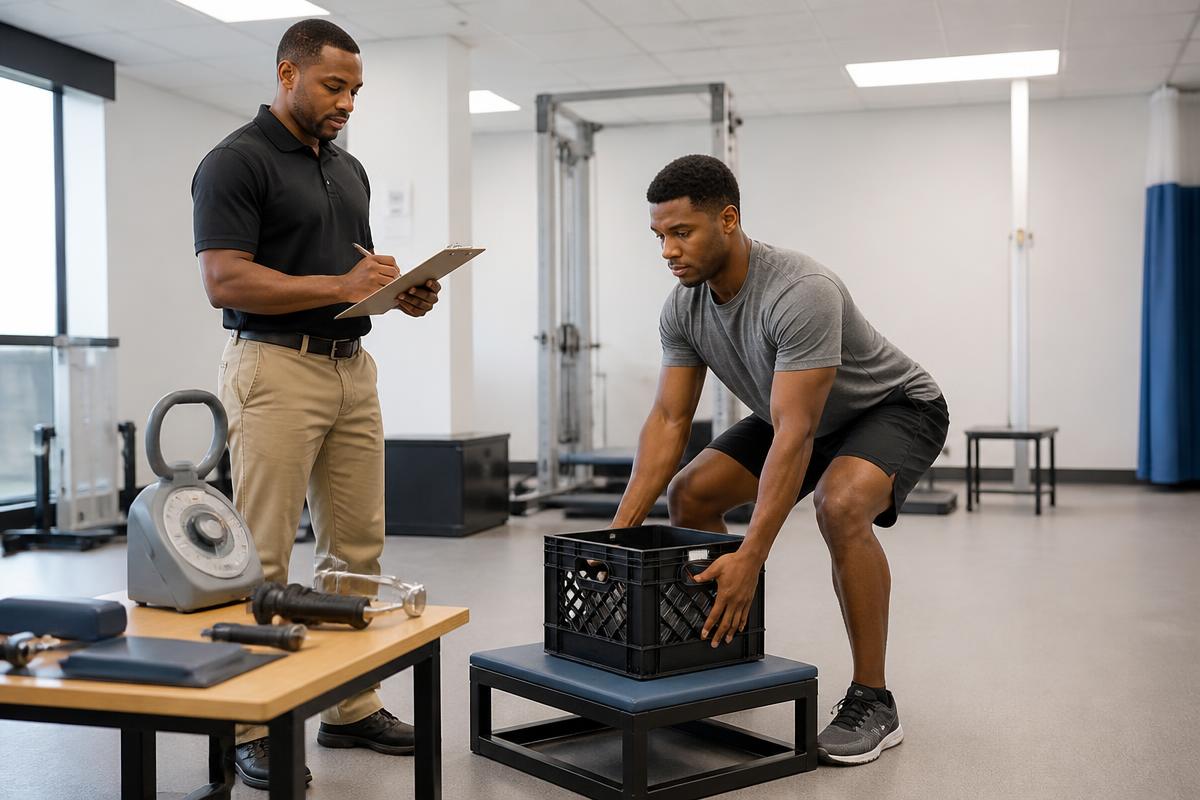 Clinician documenting a patient's controlled lifting test during a functional capacity evaluation in a rehabilitation clinic