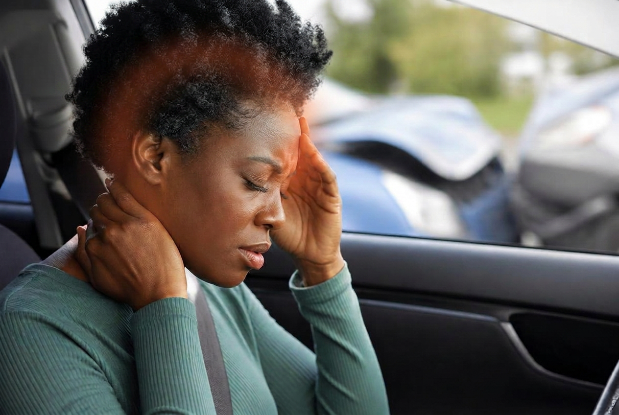 Woman in a car after a collision holding her temple and the base of her skull with a headache