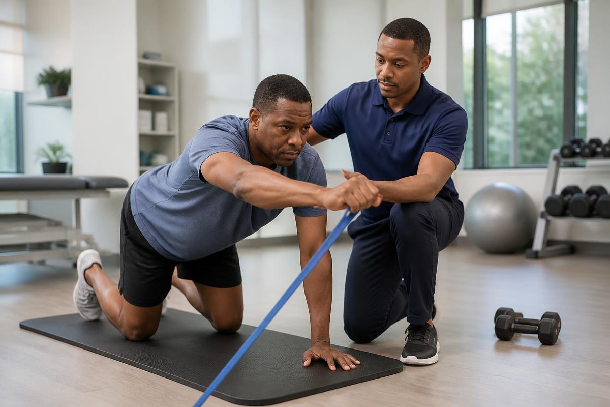 Clinician guiding a patient through a resistance-band rehabilitation exercise in a clinic rehab area