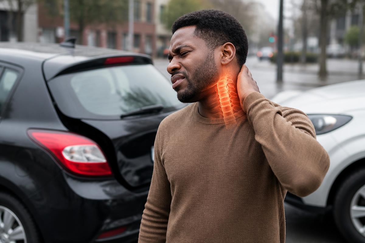 Man holding the back of his neck beside his damaged car, with the cervical spine highlighted