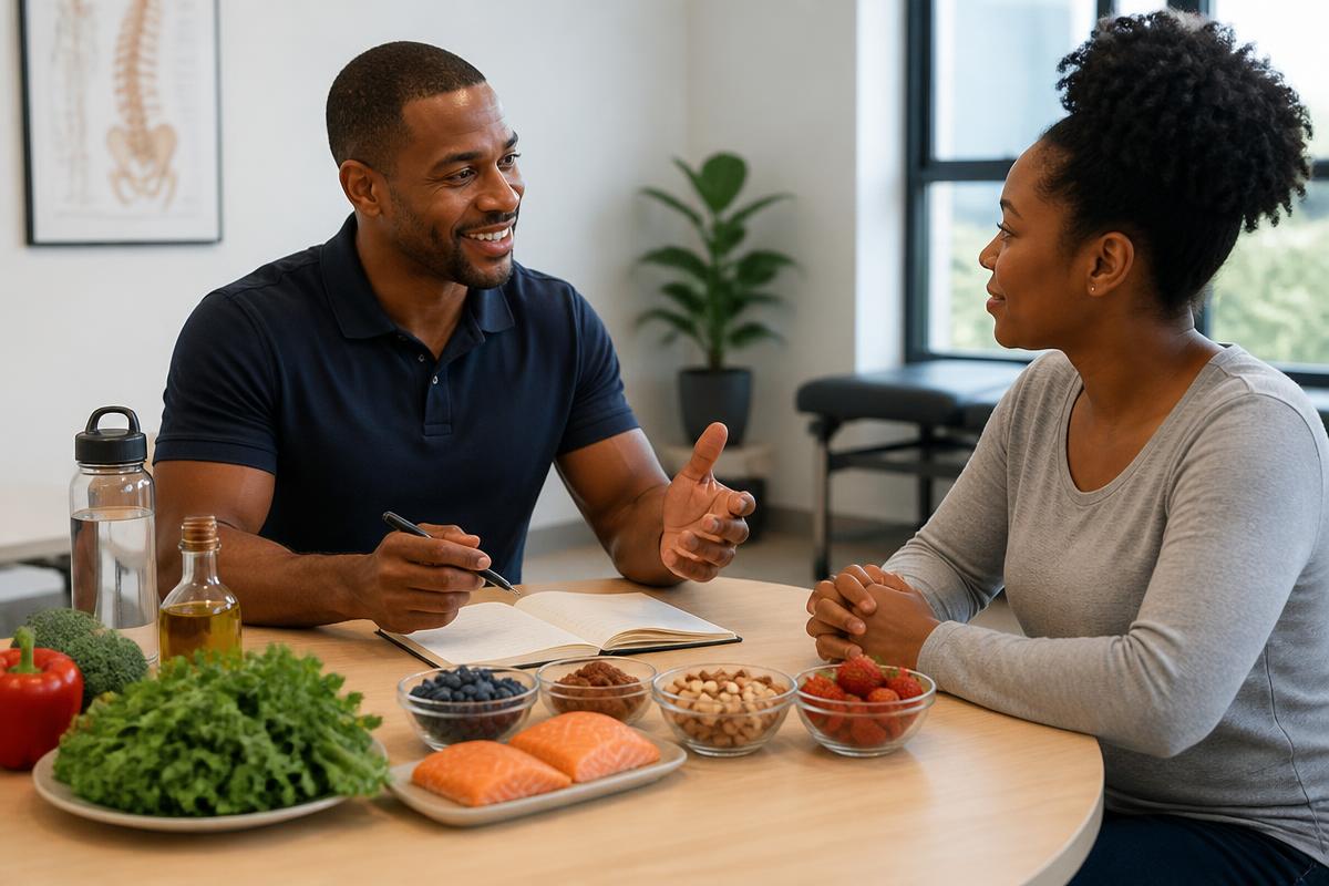 Chiropractor discussing anti-inflammatory nutrition and lifestyle habits with a patient in an Atlanta clinic