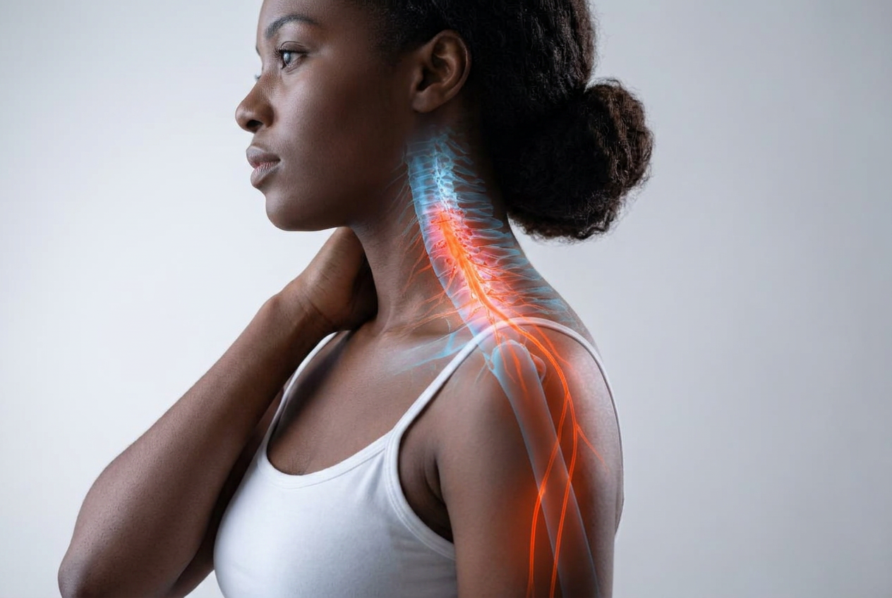 Anatomical illustration of a compressed cervical nerve root with symptoms radiating from the neck into the shoulder and arm