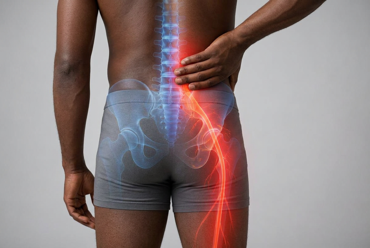 Anatomical illustration of the sciatic nerve radiating from the lower back through the buttock and down the leg