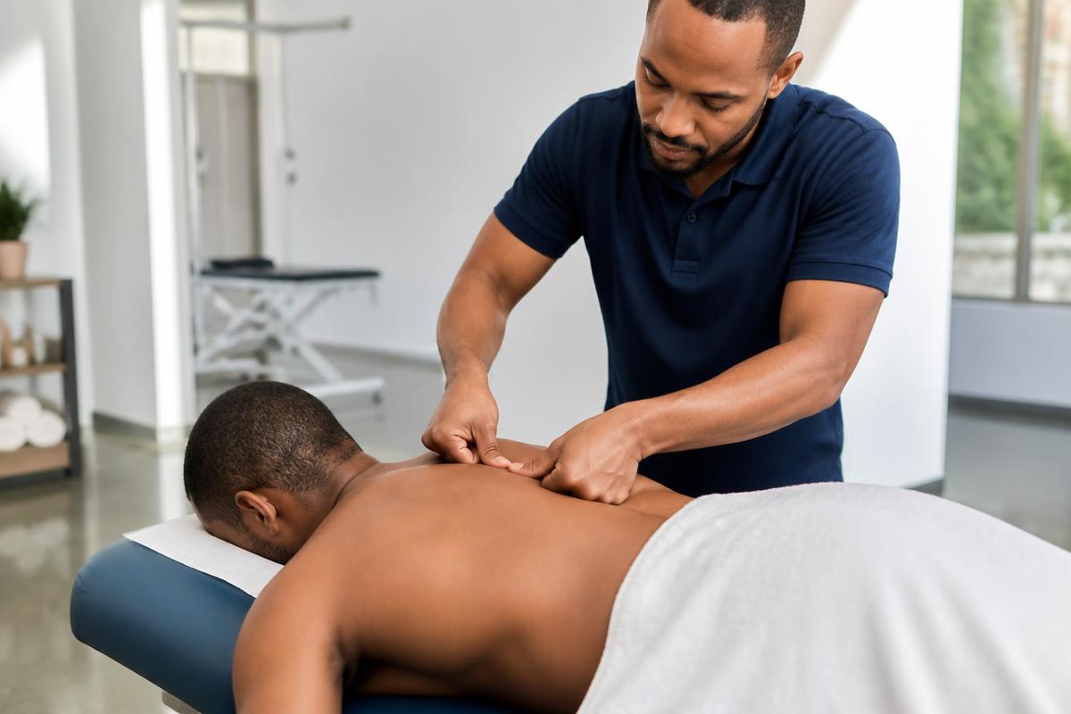 Massage therapist applying focused thumb pressure to a trigger point in a patient's upper back during a clinical soft-tissue treatment