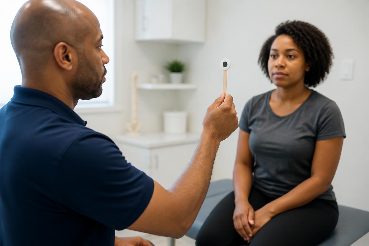 Chiropractor performing a vestibular/ocular motor screening (VOMS) smooth-pursuit test with a fixation target for a seated patient after a car accident