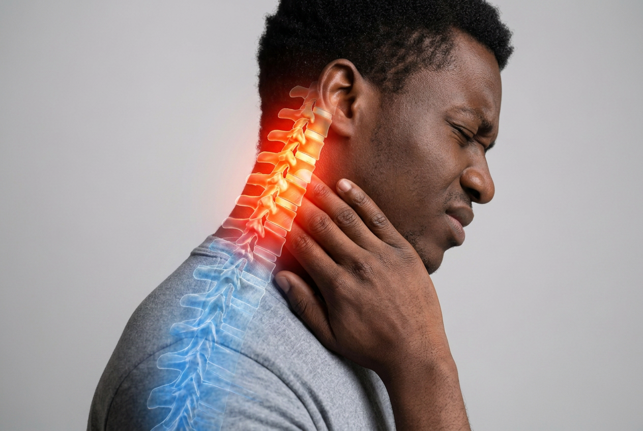 Anatomical illustration of the cervical spine highlighted in red at the neck, showing strain associated with whiplash injury