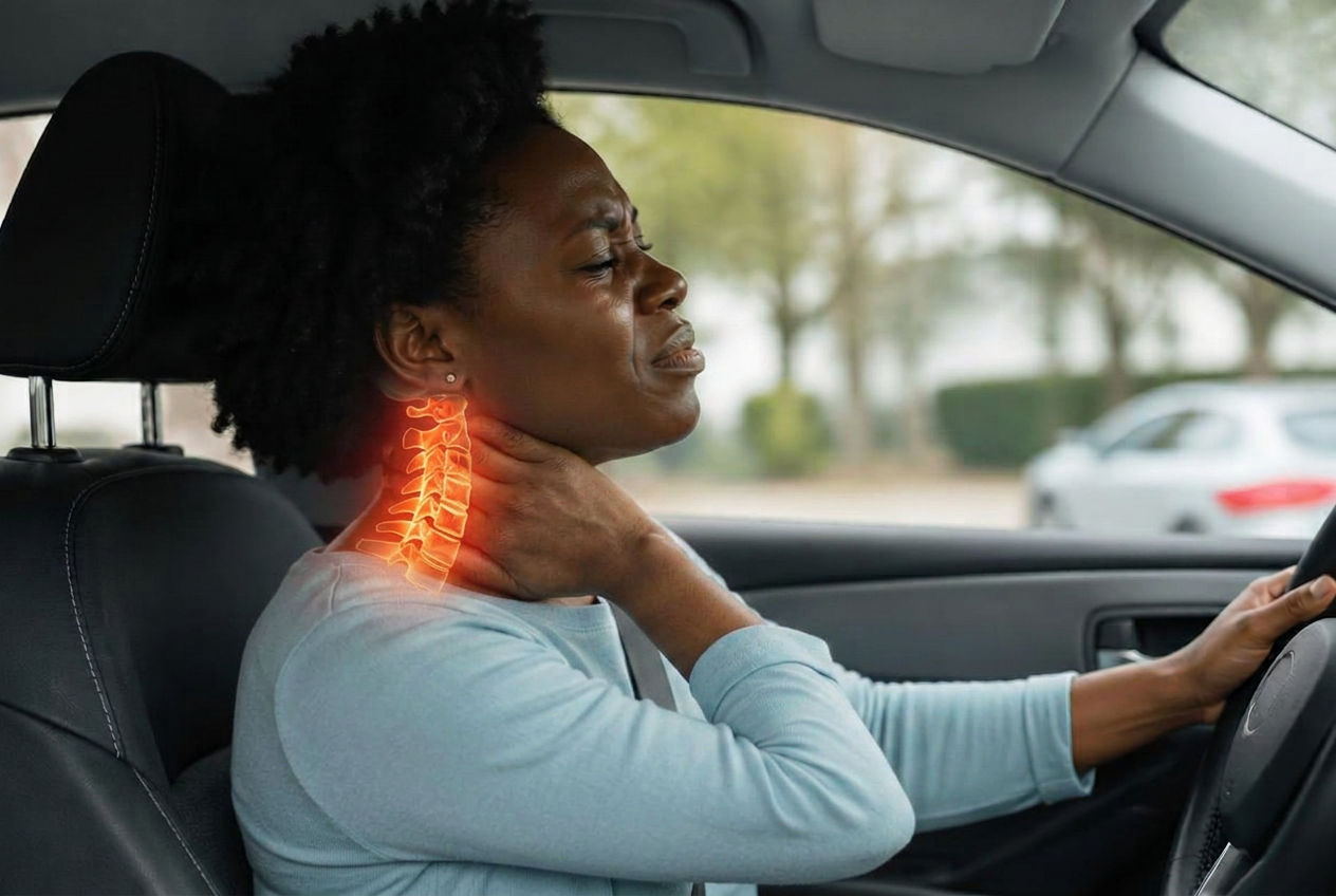 Driver holding her neck after a rear-end collision, with the cervical spine highlighted